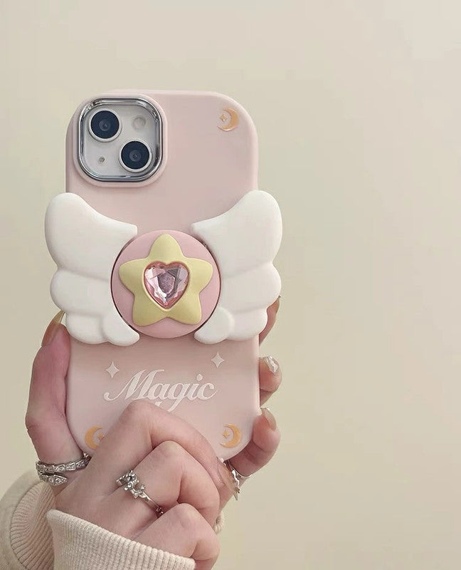 3D Cute Magical Fairy Angel Wings Folding fly Cartoon Magic Stars Heart Shaped Diamond Phone Stand Holder Case
